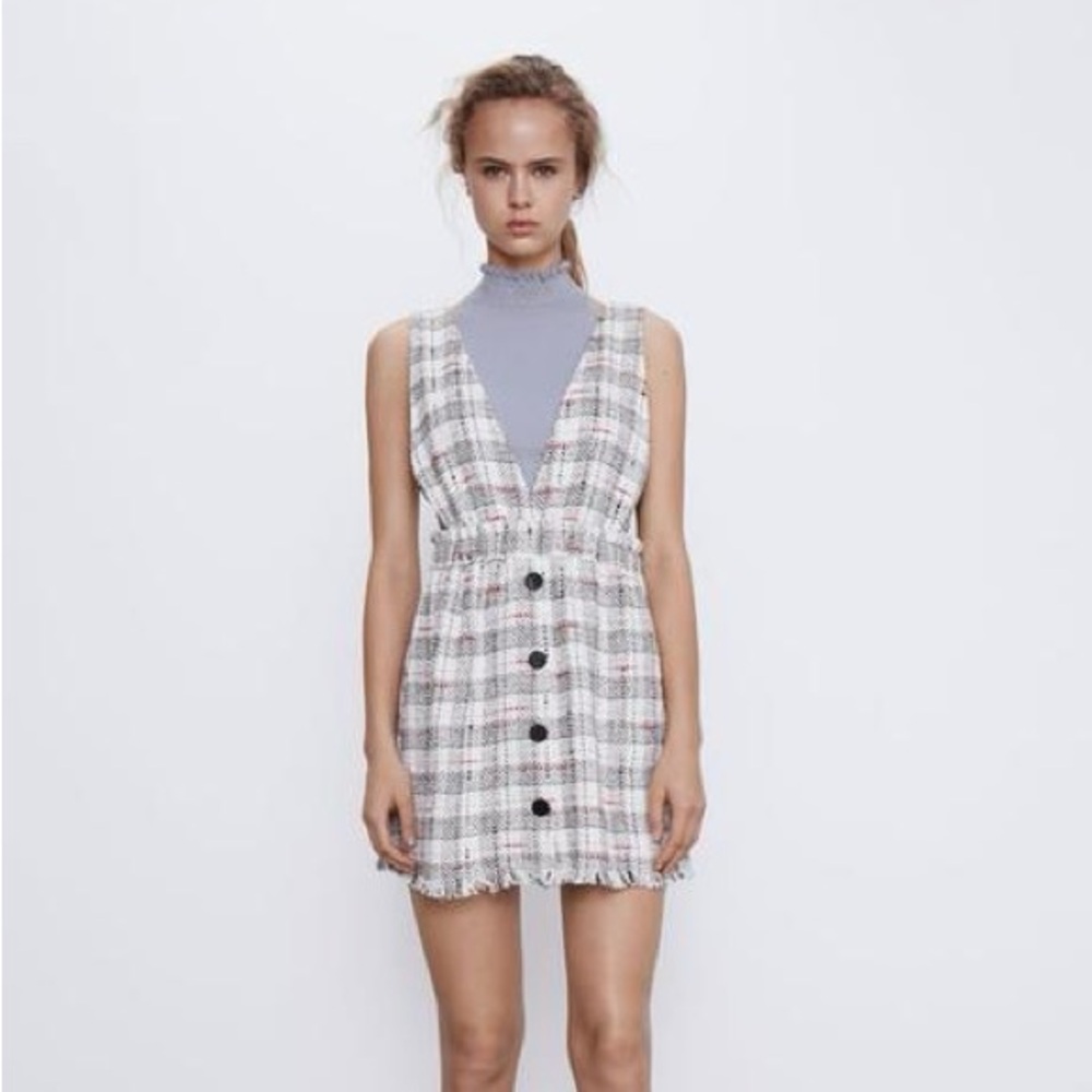 Zara Beige and Red Checkered Mini Dress